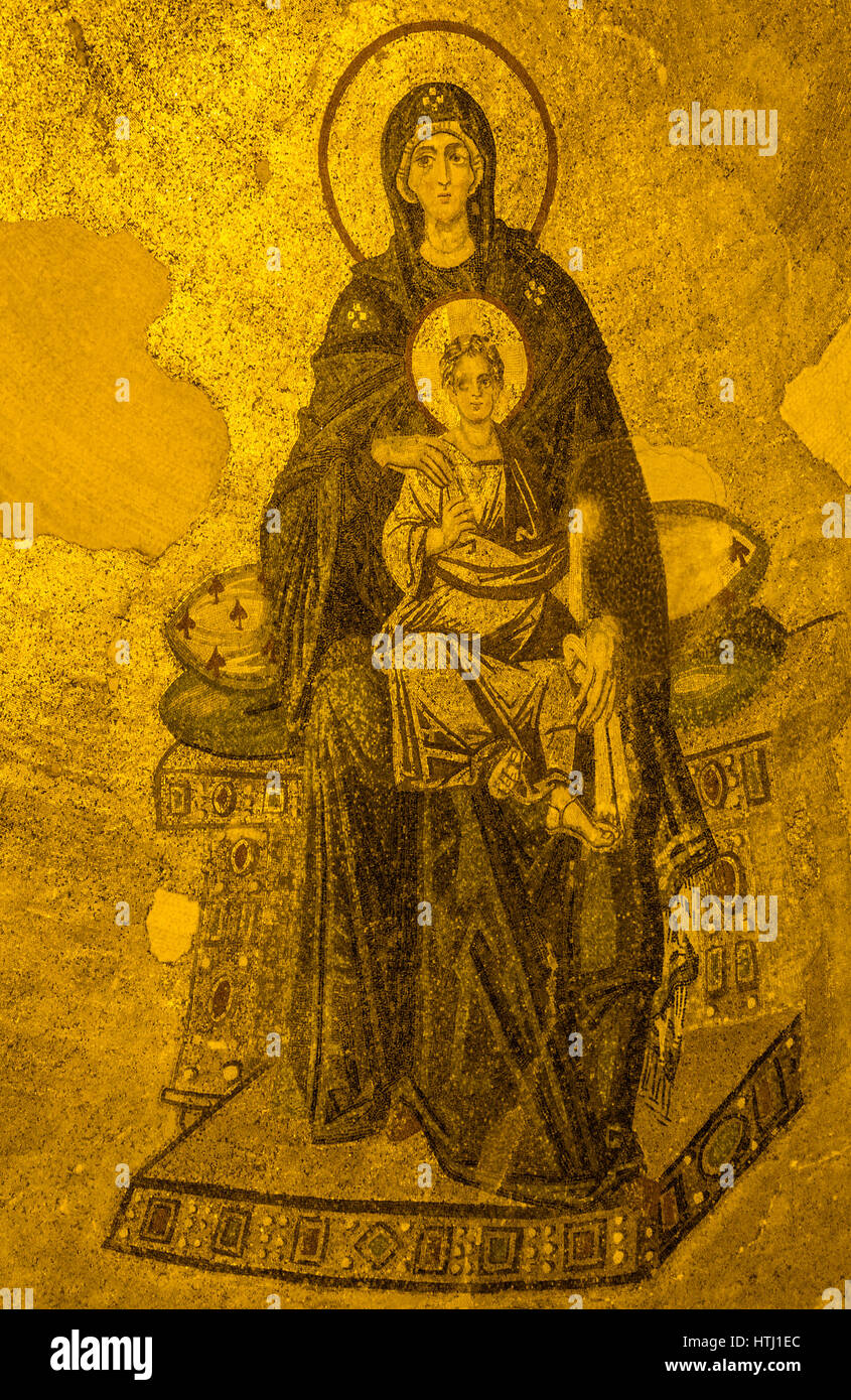 Ancient Apse mosaic of the Theotokos (Virgin Mother and Child) in Hagia