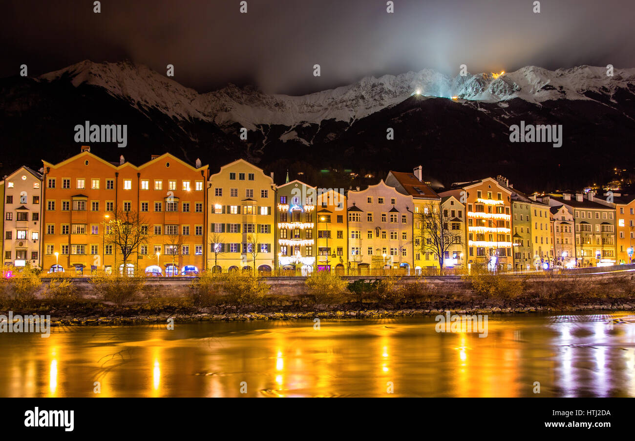 The embankment of Innsbruck at night - Austria Stock Photo