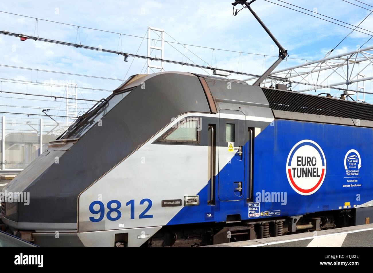 COQUELLES, PAS-DE-CALAIS, FRANCE, MAY 07 2016: Eurotunnel locomotive 9812 'Bombadier' waiting to leave Coquelles in France to Folkestone Stock Photo