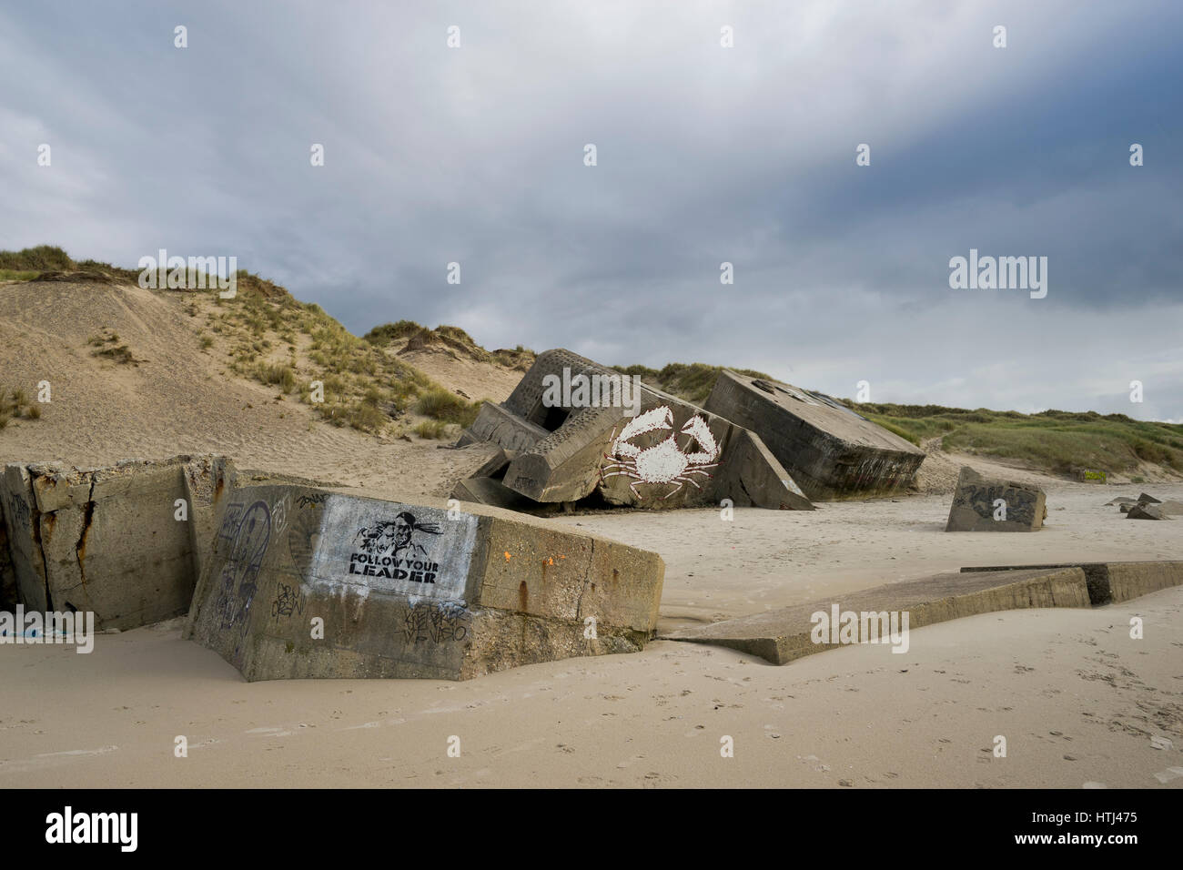 Graffity decorated WW II Bunker at Hardelot Plage, Cote d'Opale Stock Photo