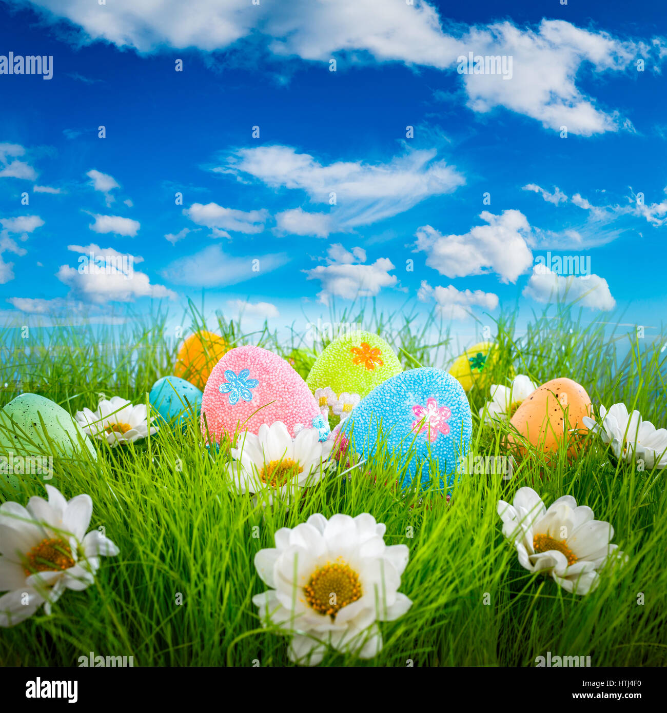 Decorated easter eggs in the grass on blue sky background Stock Photo ...
