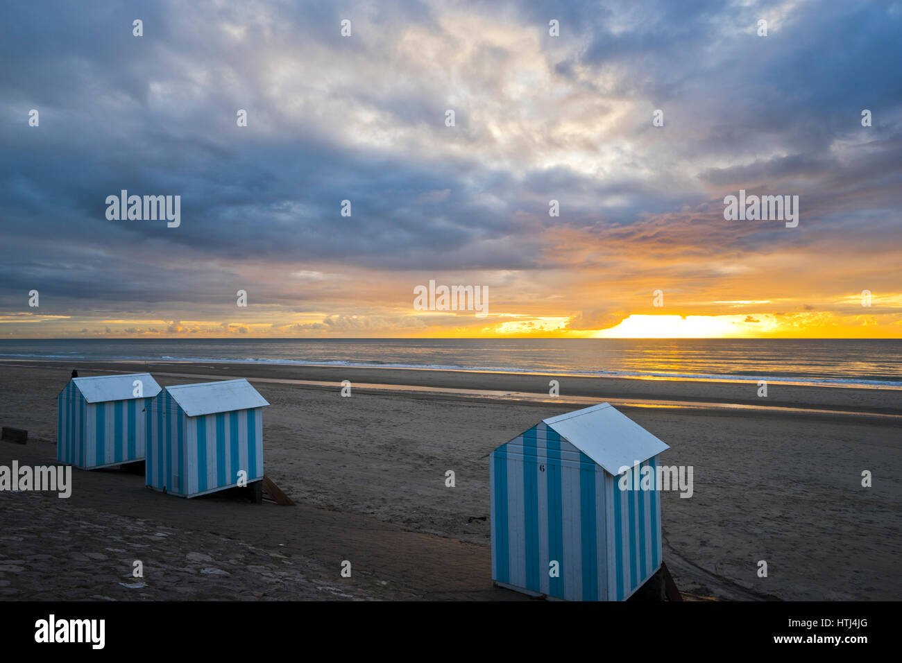 Cabins and Beach hoods on the beach of Neufchatel- Hardelot, Pas de Calais, France Stock Photo