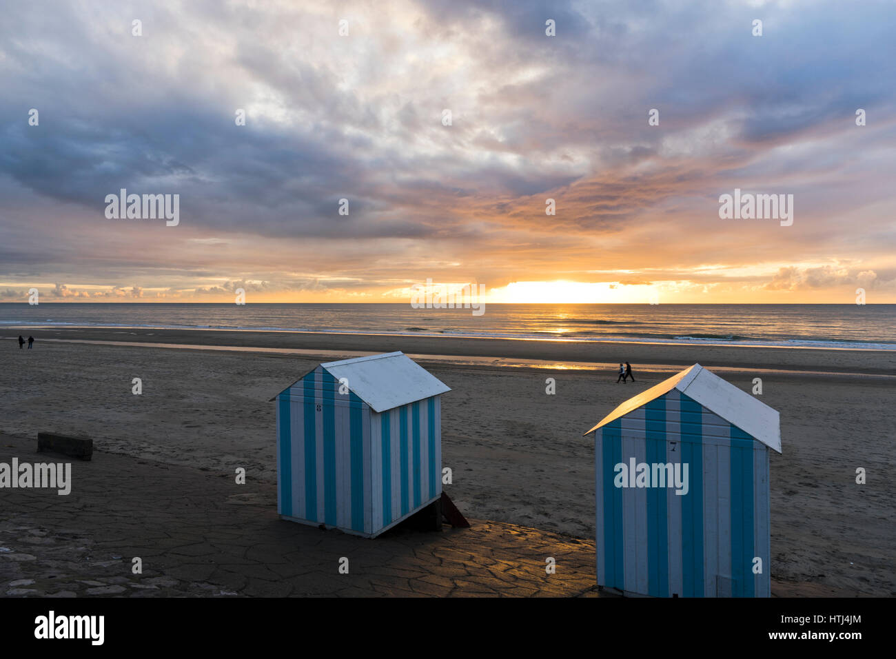 Cabins and Beach hoods on the beach of Neufchatel- Hardelot, Pas de Calais, France Stock Photo
