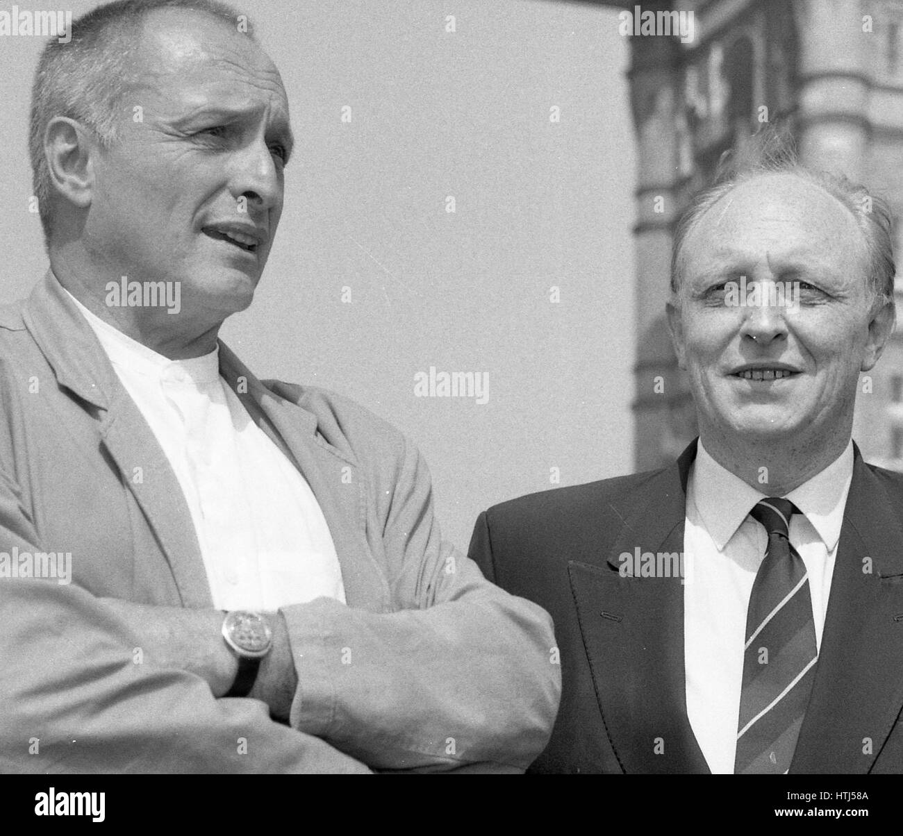 Rt. Hon. Neil Kinnock (right), Leader of the Labour party and Sir Richard Rogers, British architect, attend a photo call on the River Thames in London, England on July 4, 1991. Stock Photo