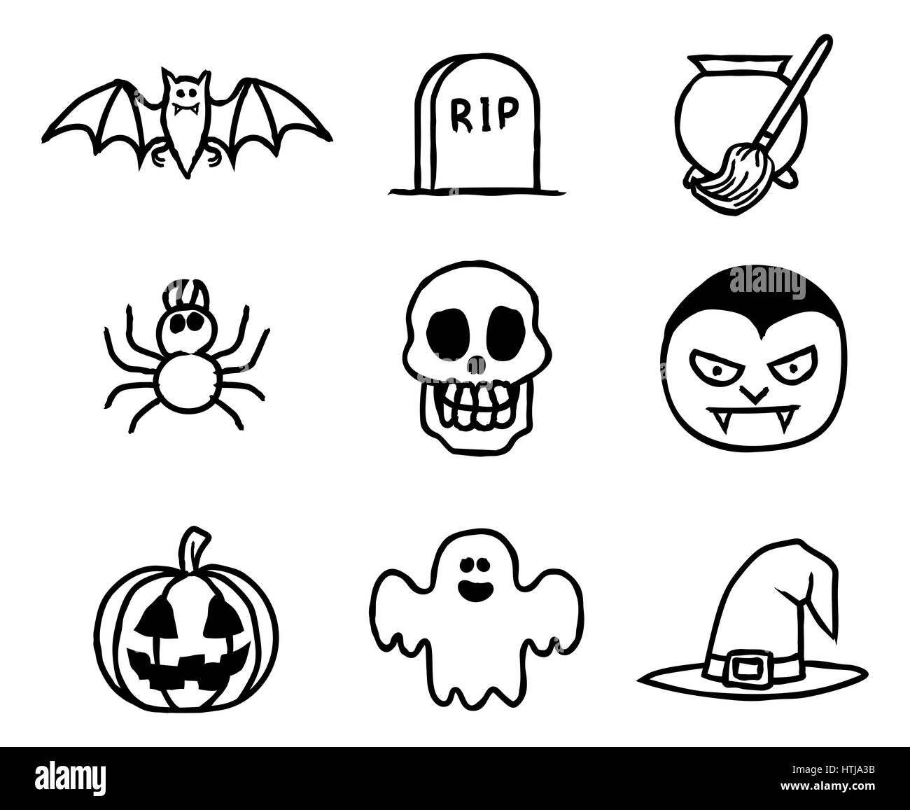 Halloween icon set in a painted watercolor ink rough grungy hand drawn style Stock Photo