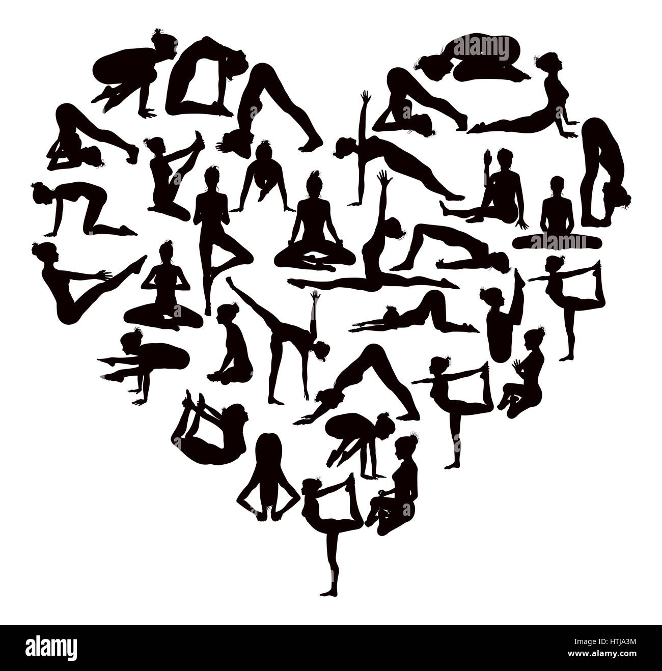 A heart shaped set of detailed yoga poses and postures silhouettes Stock Photo