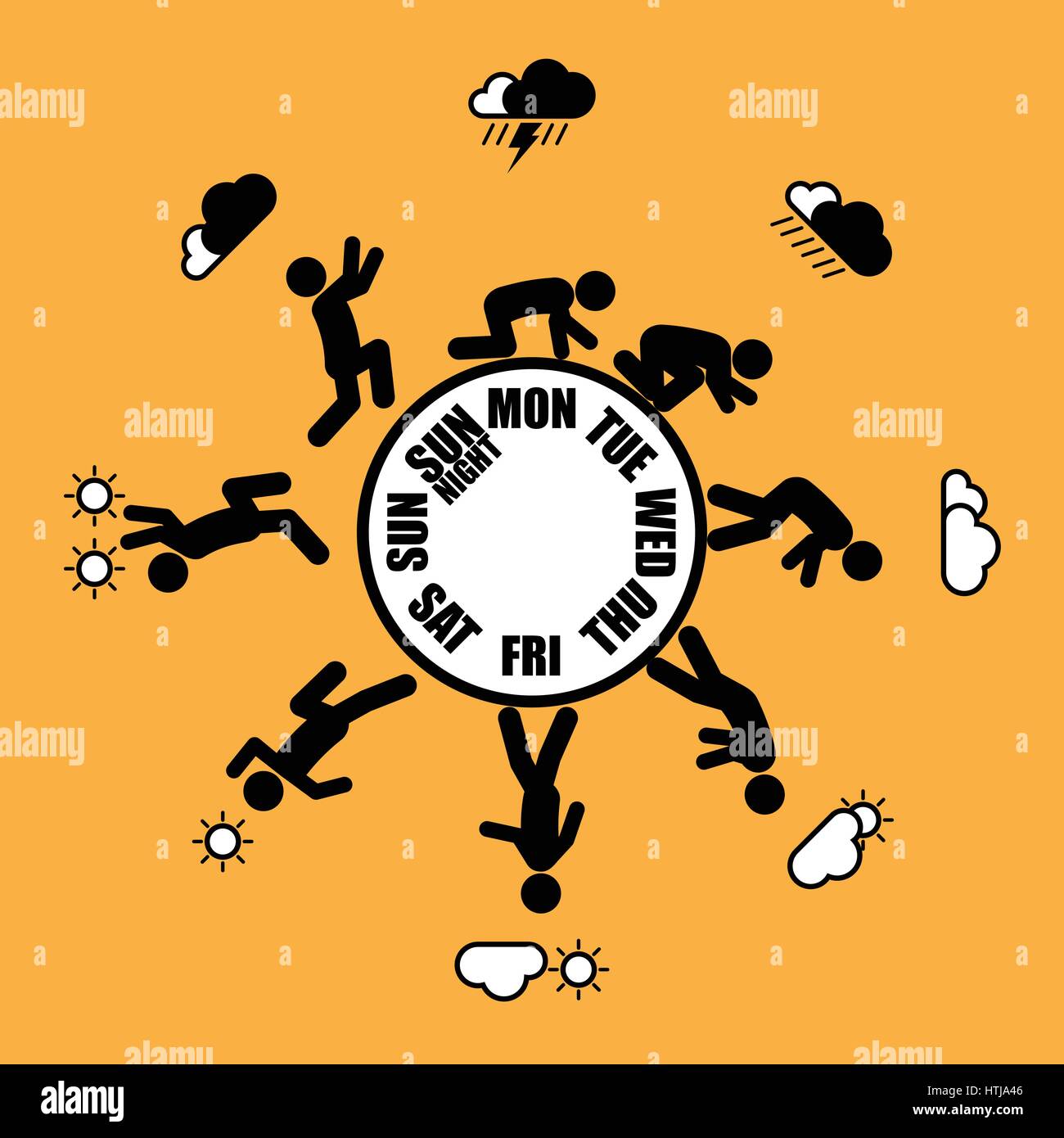 Abstract working life cycle wheel from Monday to Sunday concept in black stick figure style on yellow background Stock Vector