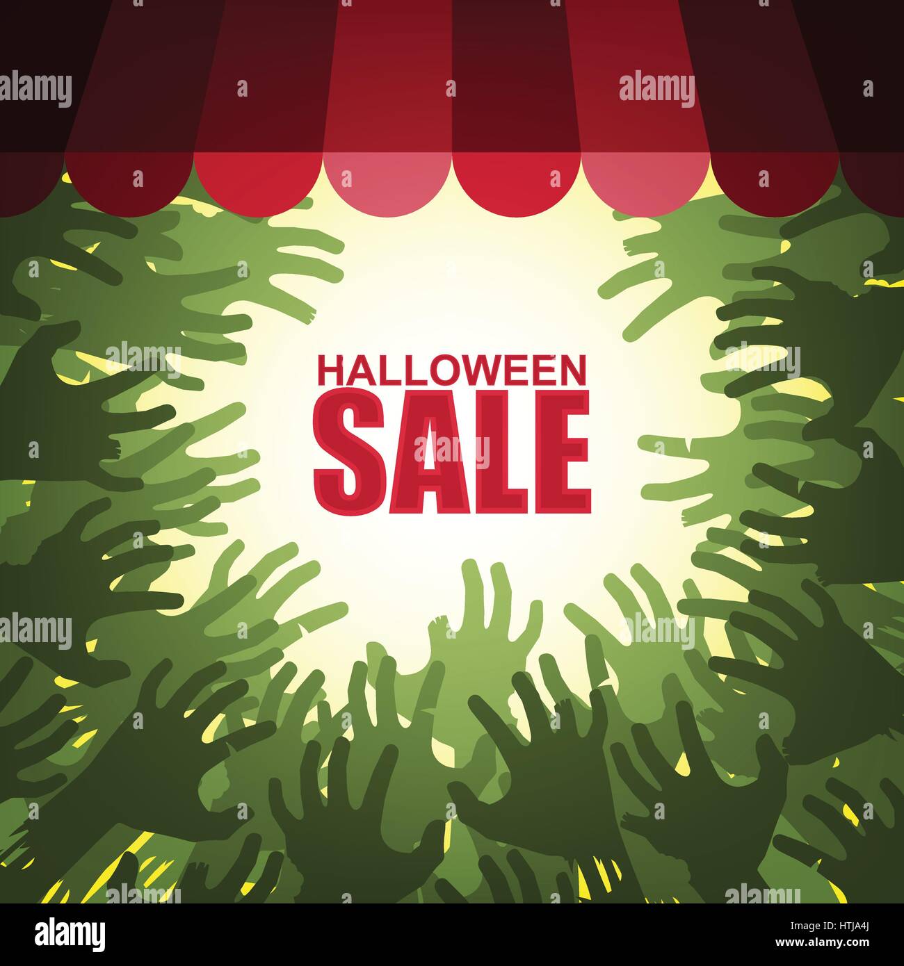 Halloween sale with group of zombies' hands attacking shop window Stock Vector