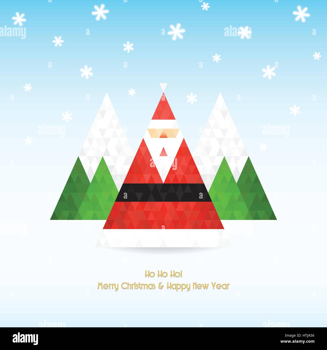 Christmas and new year celebration with triangular shaped santa claus, trees, mountains and falling snowflake Stock Vector