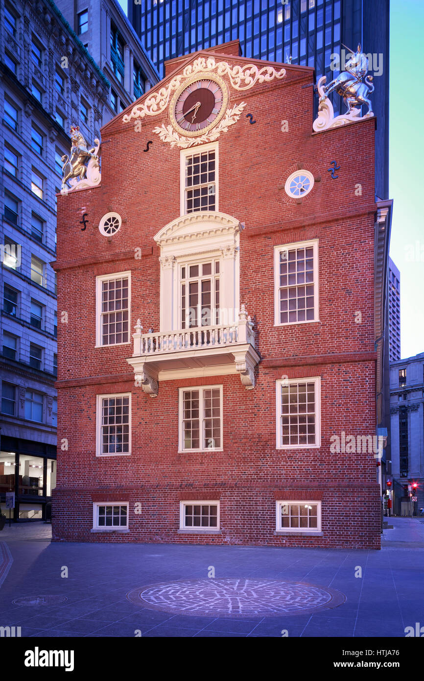 Massachusetts Old State House and Site of Massacre in Boston, MA, USA. Stock Photo