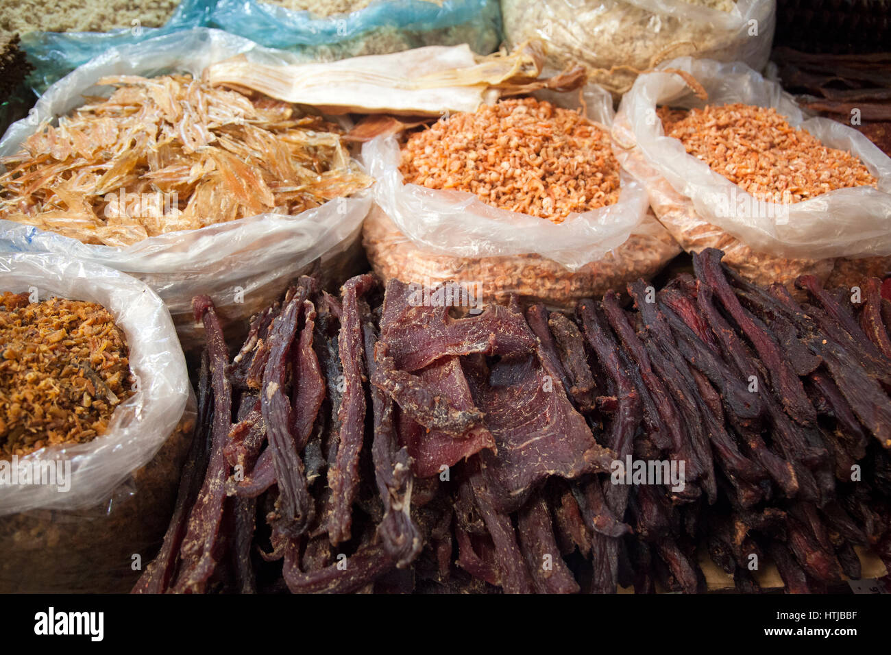 Dried Fish and Meats at Psa Leu Market in Siem Reap - Cambodia Stock Photo