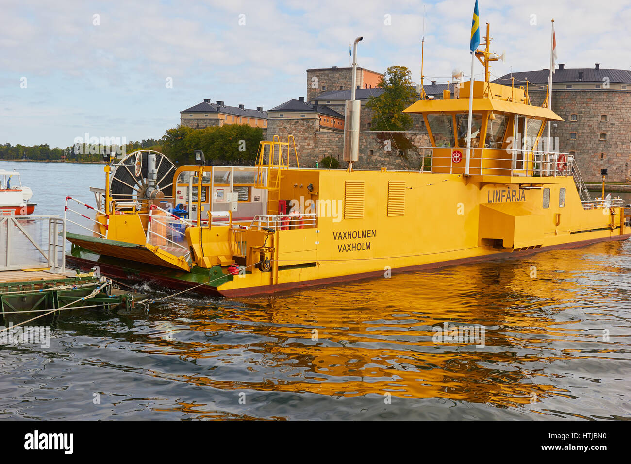 Cable ferry linking Vaxholm to Vaxholm Fortress island, Sweden, Scandinavia Stock Photo