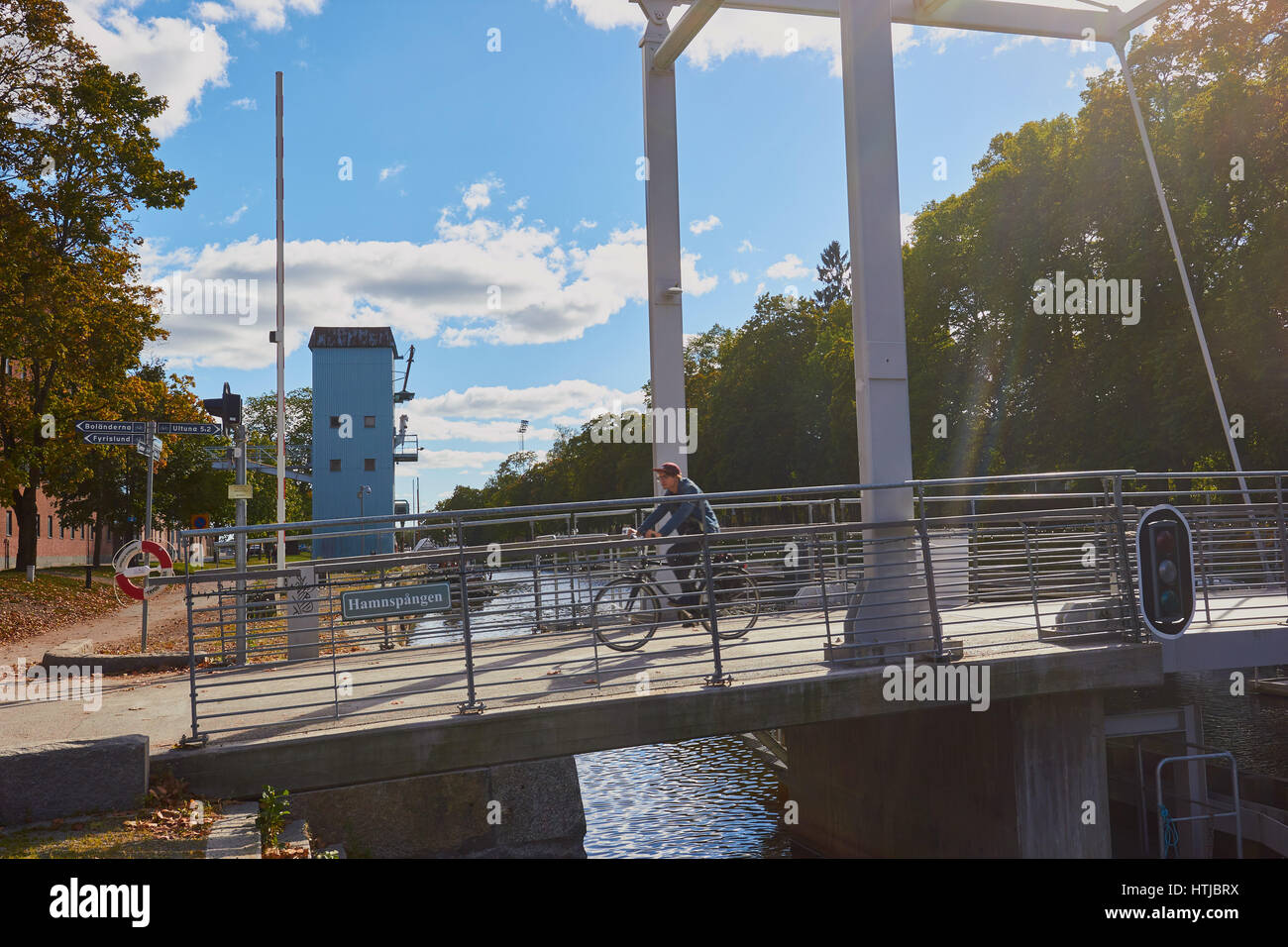 Harbour pedestrian bridge over river Fyris, Uppsala, Sweden, Scandinavia Stock Photo