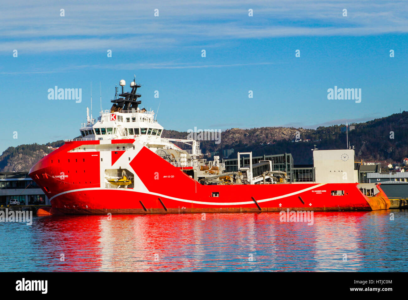 Vessel KL SANDEFJORD, Oil Rig Supply, Tug Boat at Bergen Harbor, Norway. Stock Photo