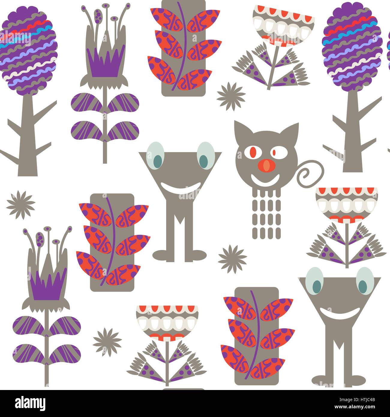 Monsters fantasy adorable seamless pattern. Cute background with flowers, trees, monsters. It is located in swatch menu. Vector image. Stock Vector