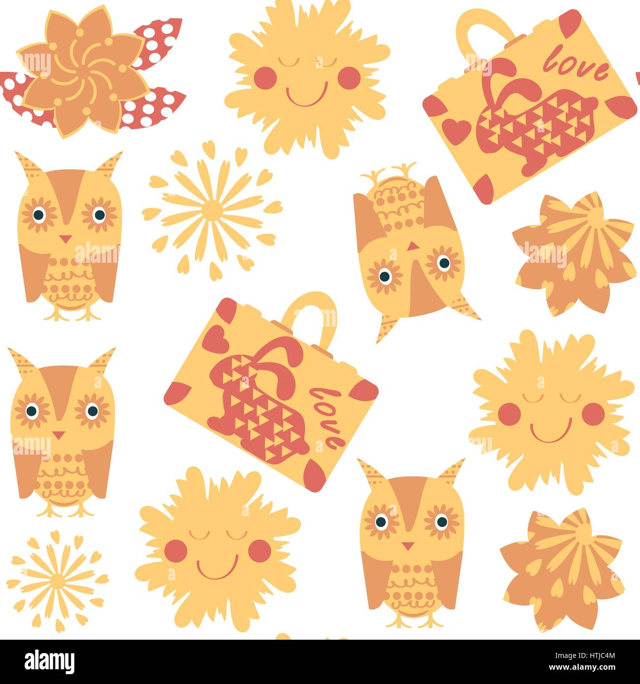 Travel  owl seamless pattern. It is located in swatch menu. Sun concept vector pattern. Owl  dreaming about vacation and sunny days. Stock Vector