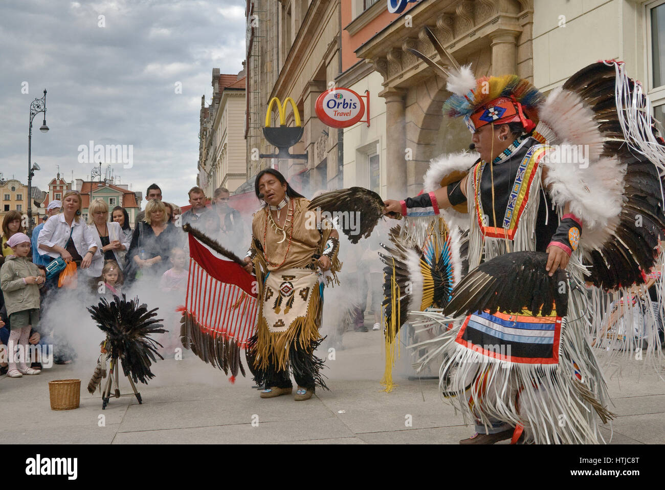 South American Indians performing at Rynek (Market Square) in Wroclaw, Lower Silesia region, Poland Stock Photo