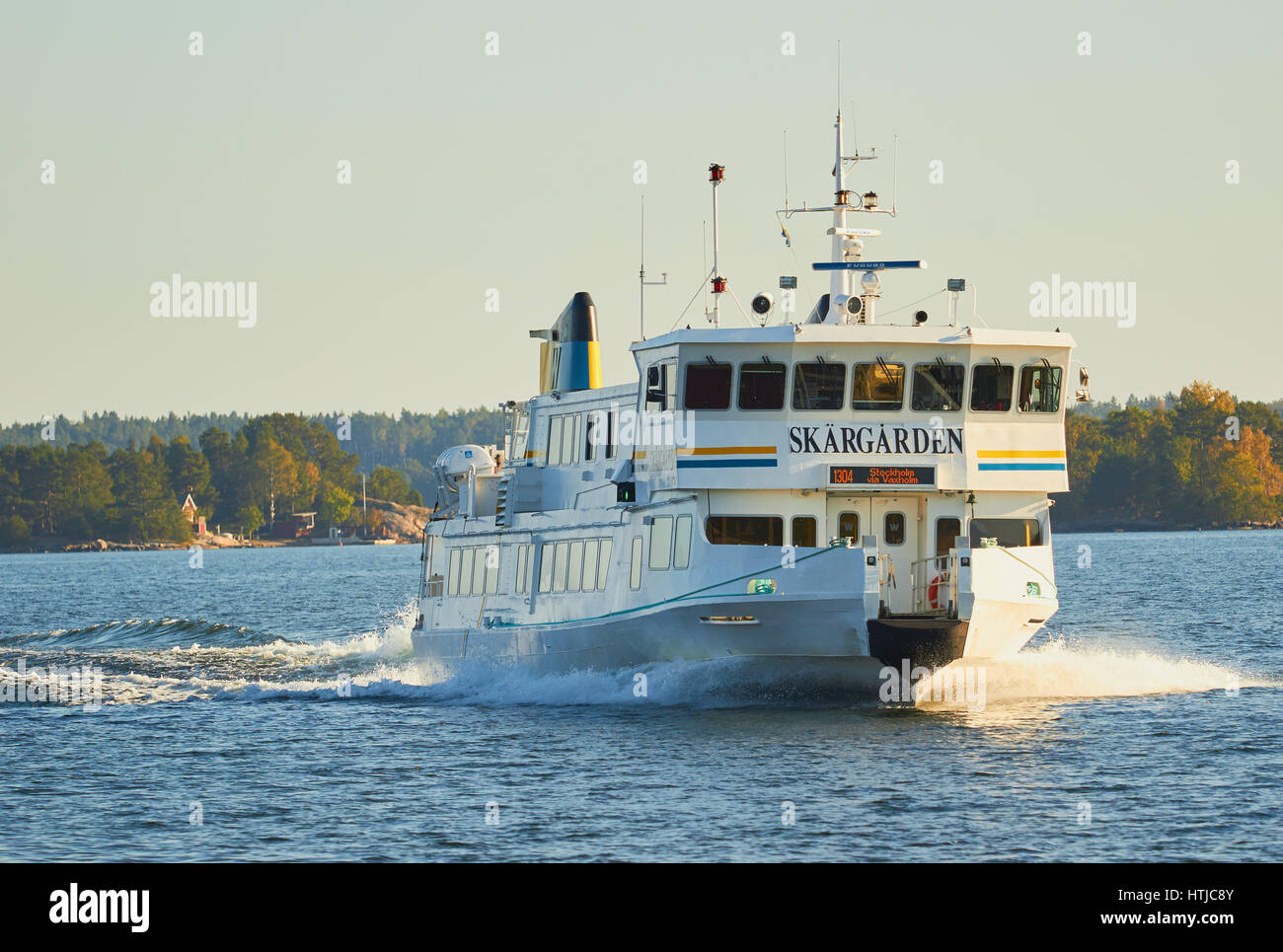 Ferry in the Stockholm archipelago heading to Vaxholm and Stockholm, Sweden, Scandinavia Stock Photo
