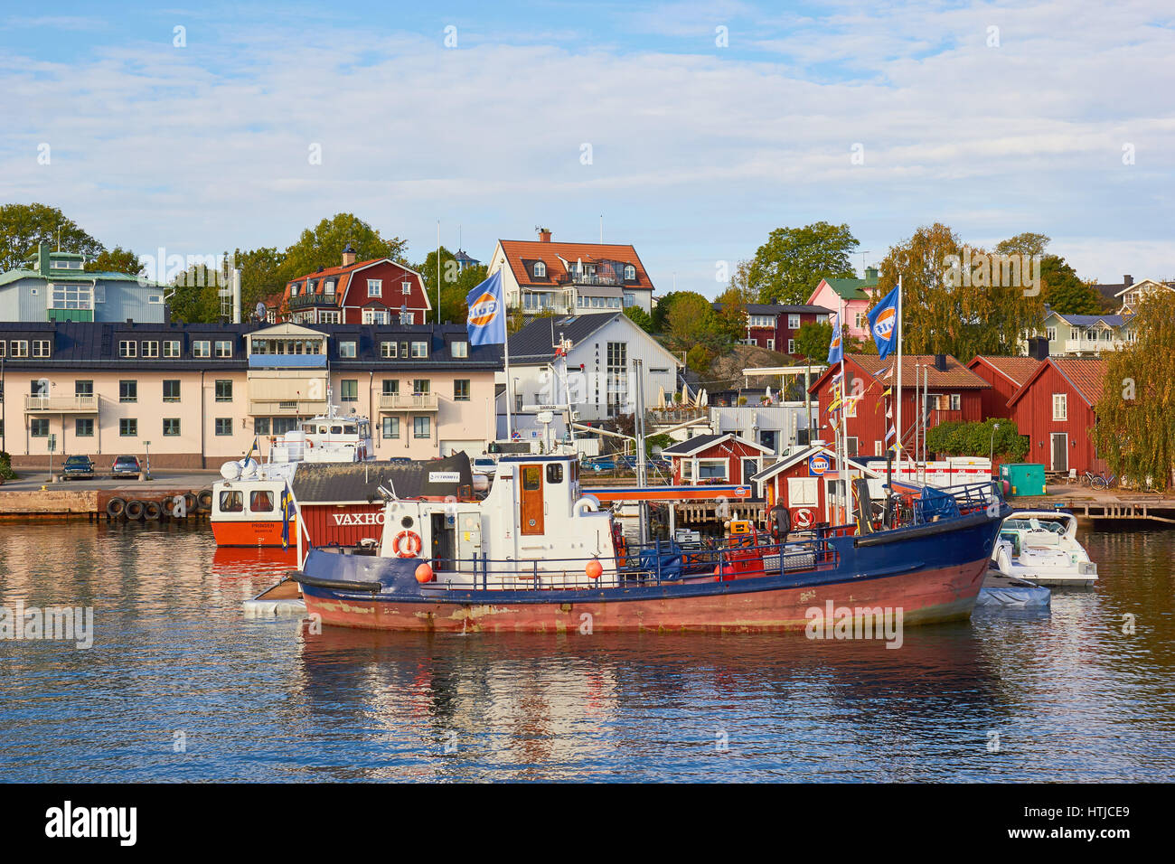 Boat refuelling, Vaxholm, Sweden, Scandinavia Stock Photo