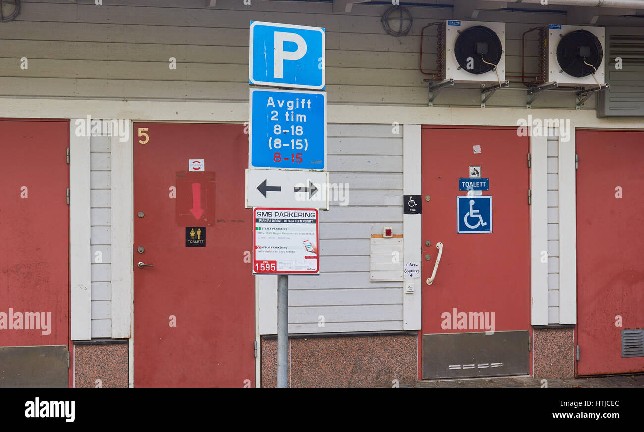 Disabled toilets and parking signs, Sweden, Scandinavia Stock Photo