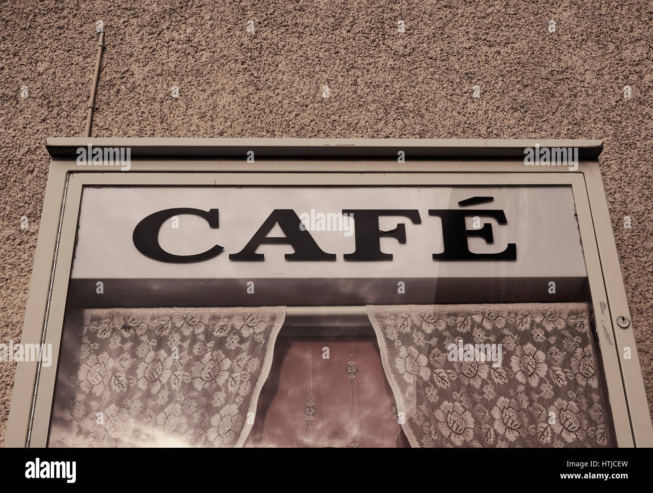 Cafe sign and net curtains, Sweden, Scandinavia Stock Photo