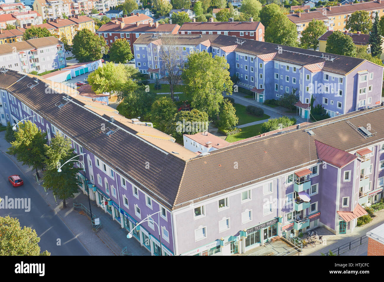Apartment blocks in suburb of Upplands Vasby from above, Stockholm, Sweden, Scandinavia Stock Photo