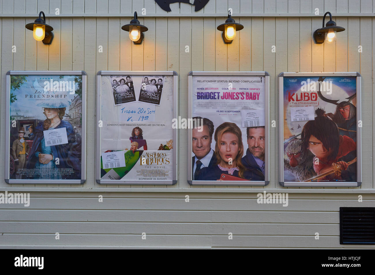 Movie advertising posters outside cinema, Sigtuna, Stockholm County, Sweden, Scandinavia Stock Photo