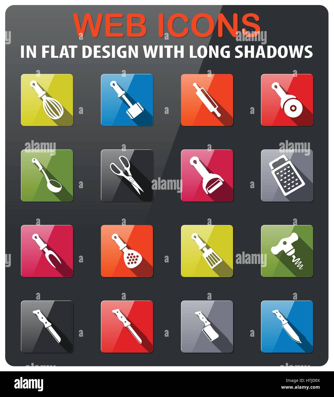 kitchen tools icons set in flat design with long shadow Stock Vector