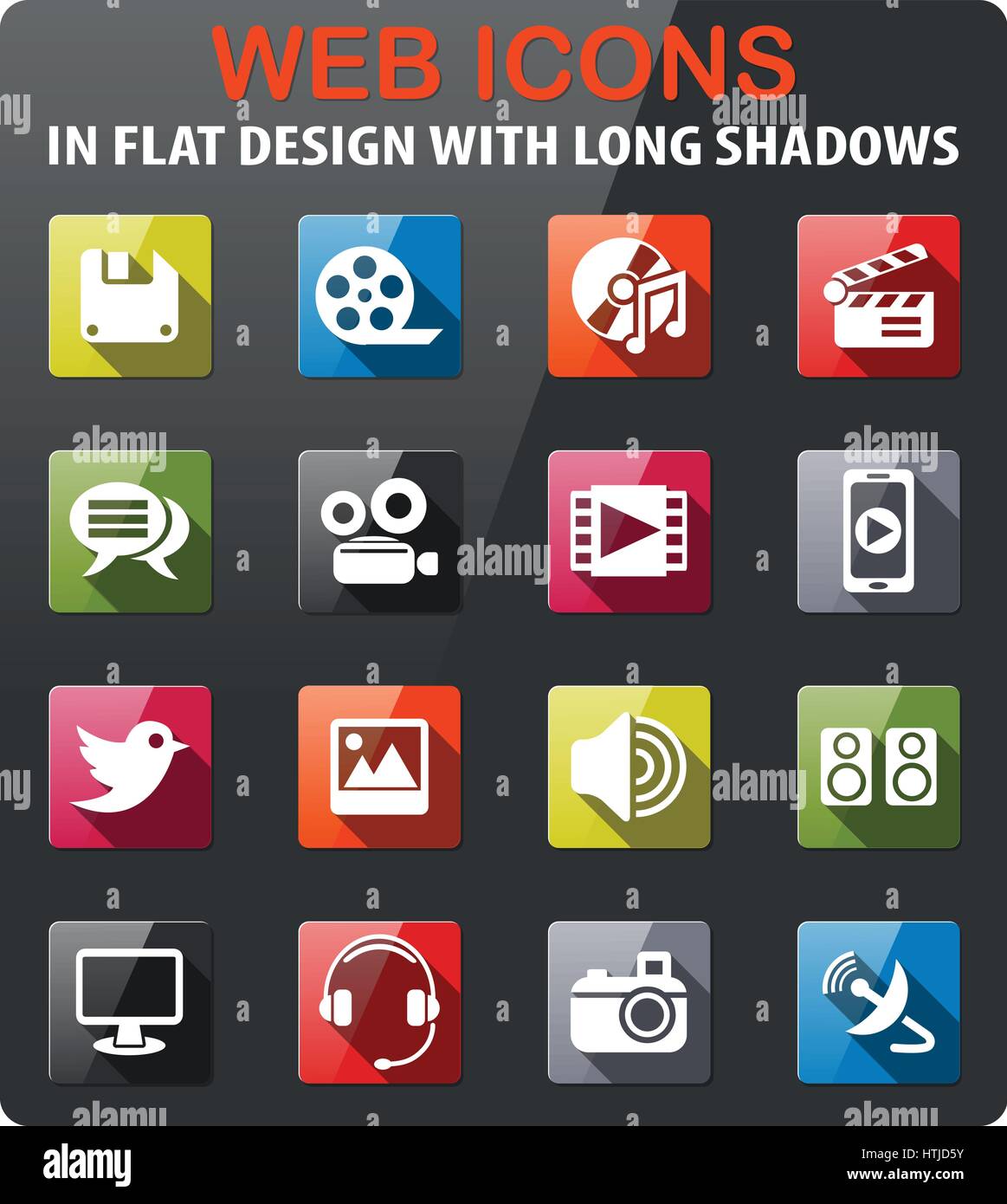 media icons set in flat design with long shadow Stock Vector Image ...