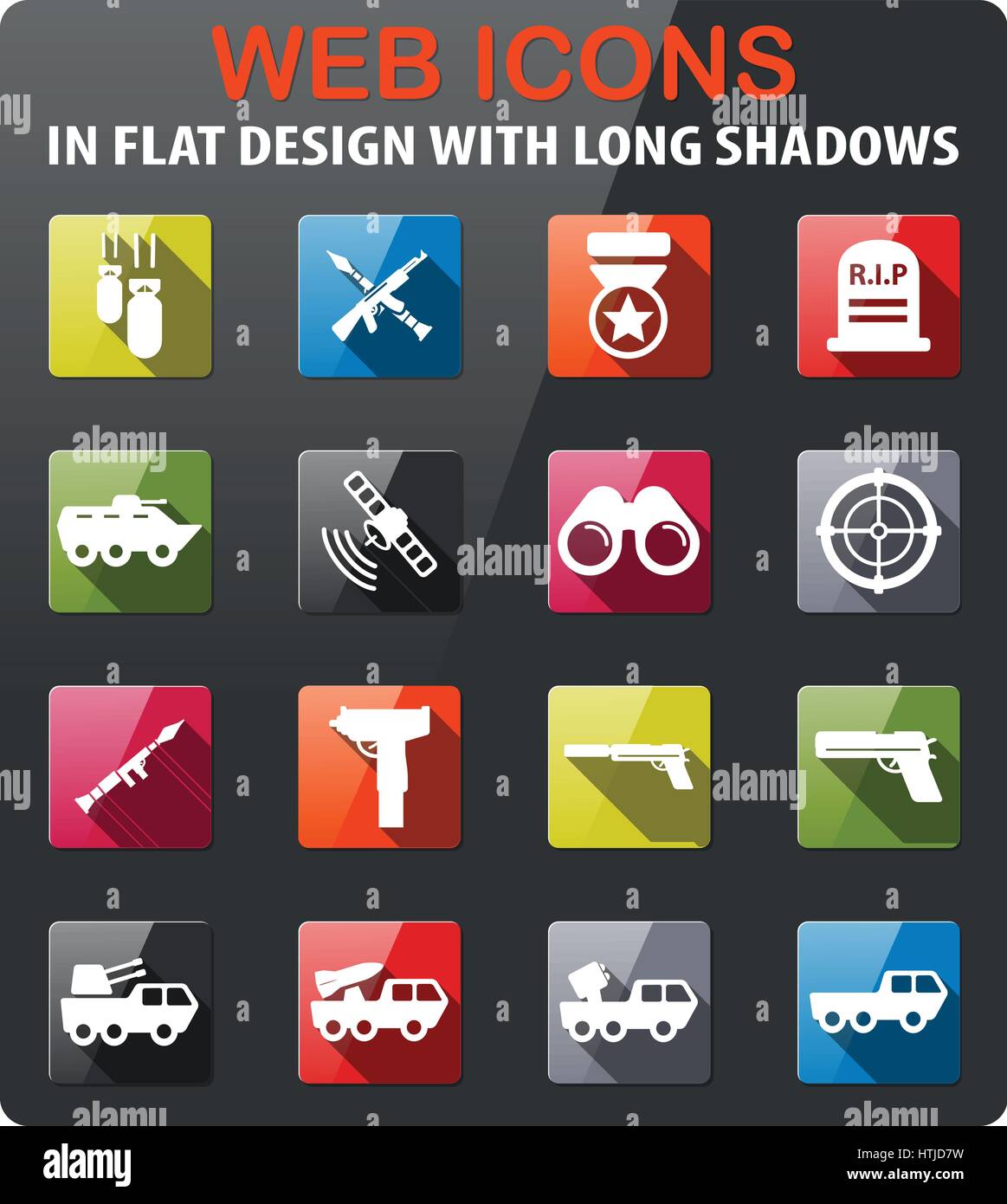 Military icons set in flat design with long shadow Stock Vector