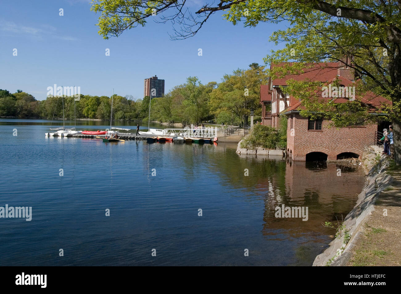 The boathouse and shoreline of Jamaica Pond in Boston, Massachusetts Stock Photo
