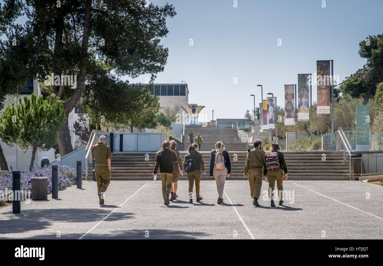 Israeli army soldiers are relaxing at the Israel Museum in Jerusalem, Israel Stock Photo