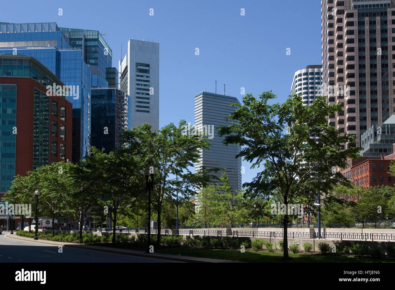 Downtown buildings along the Rose Kennedy Greenway in Boston, Massachusetts Stock Photo