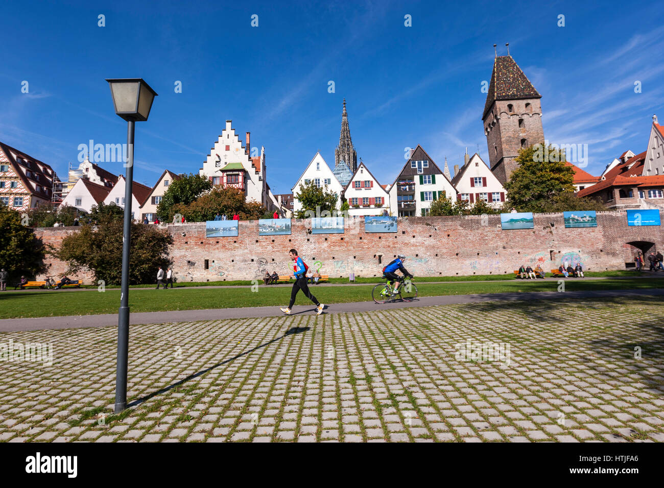Ulm city walls, with Ulm Minster, from the River Donau banks, Baden-Württemberg, Germany Stock Photo