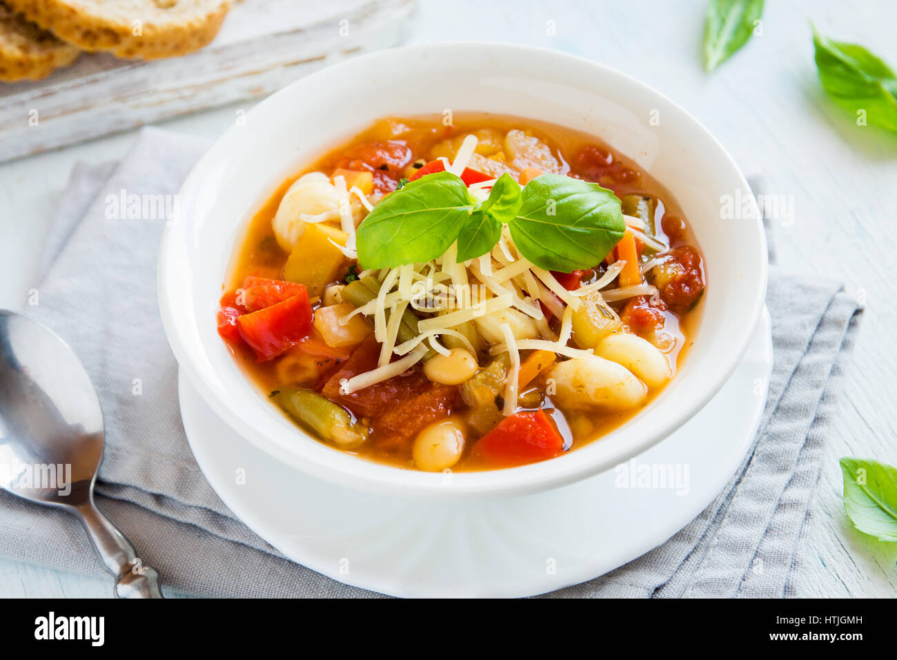 Homemade Italian Minestrone Soup With Cheese And Basil Healthy Homemade Hot Vegetarian Diet Vegan Meal Food Soup Stock Photo Alamy