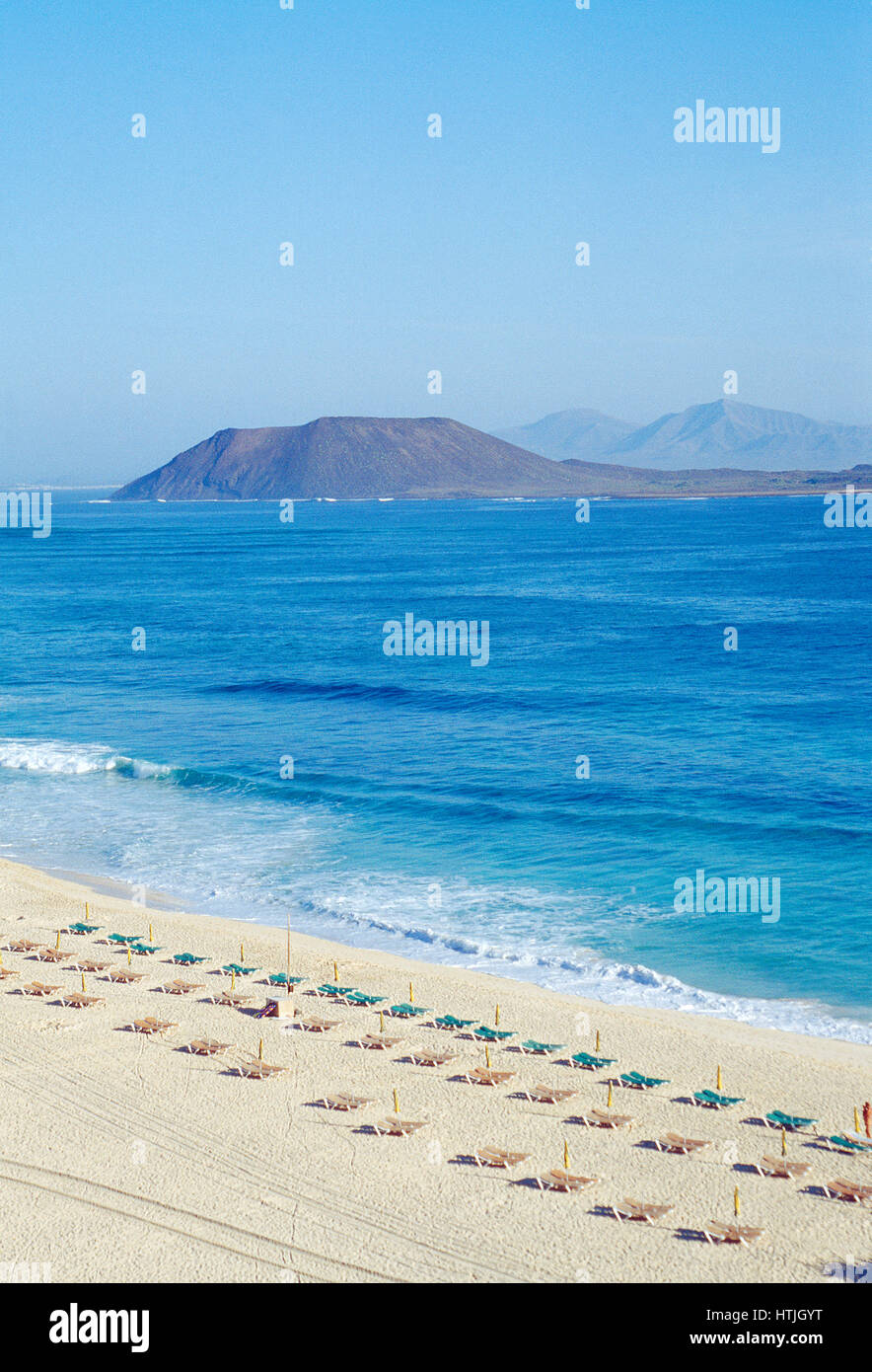 Corralejo beach and Lobos island. Fuerteventura island, Canary Islands, Spain. Stock Photo