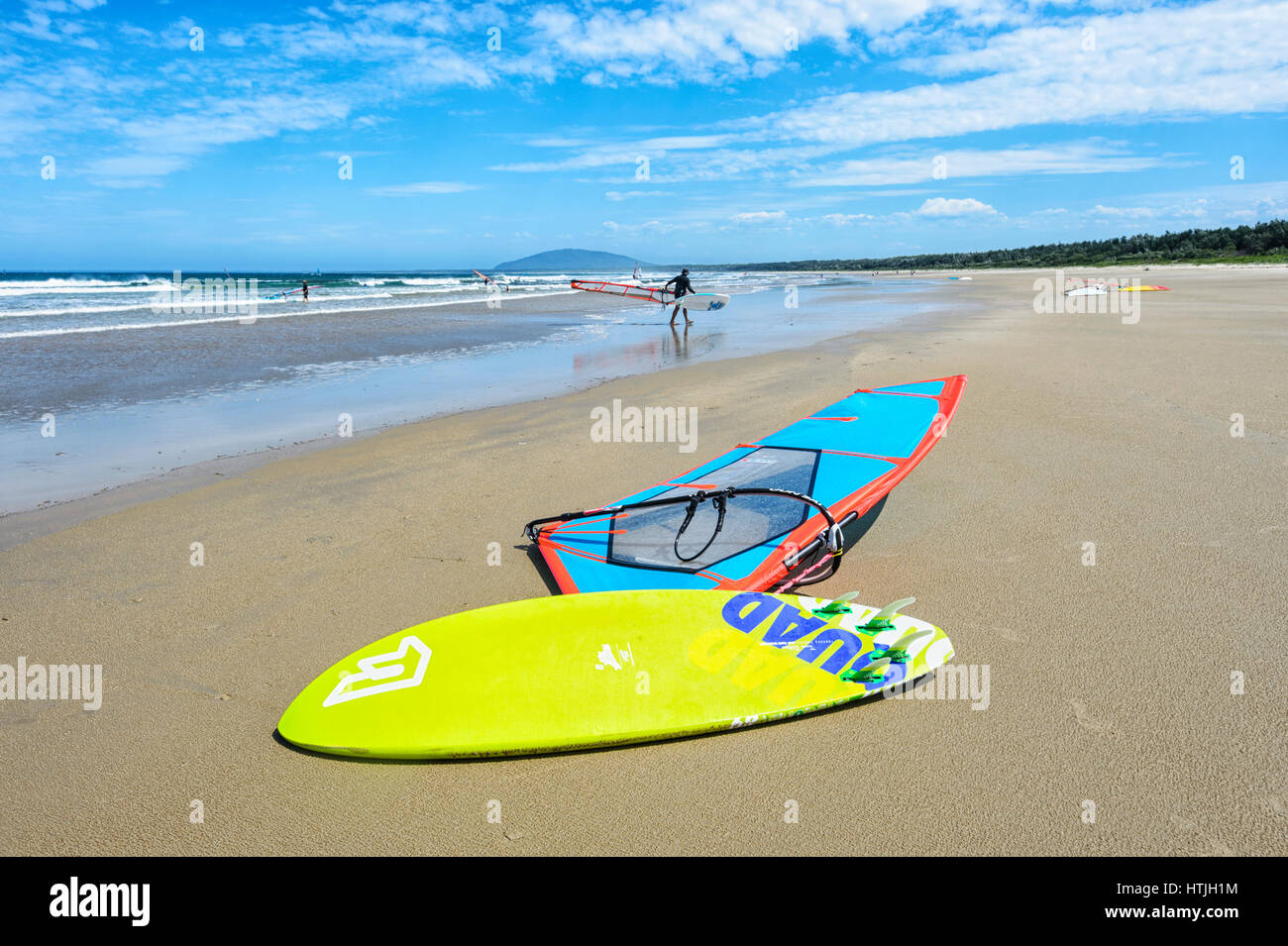 Yellow windsurfing board on Seven Mile Beach, Gerroa, Illawarra Coast