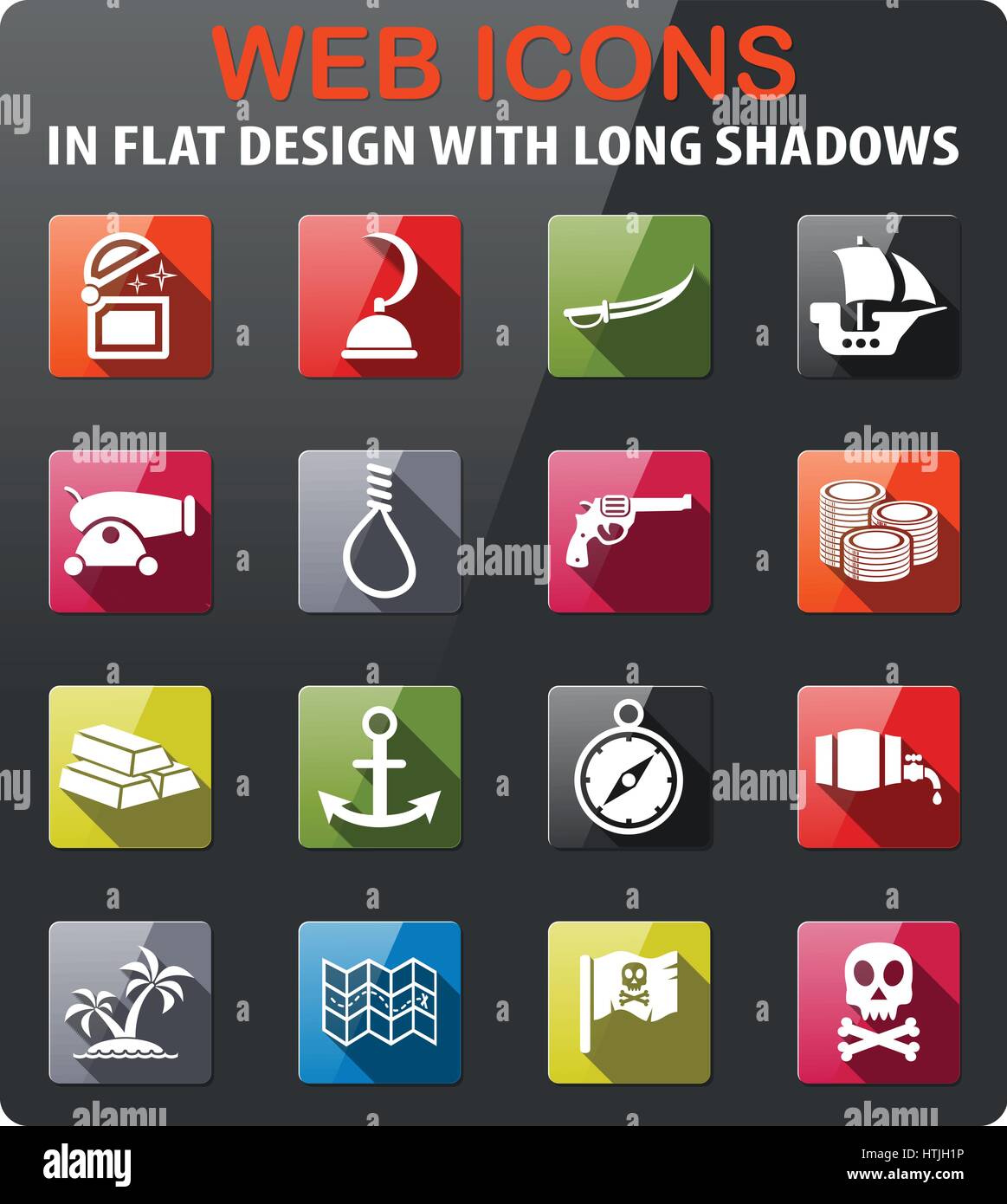 pirates icons set in flat design with long shadow Stock Vector Image ...