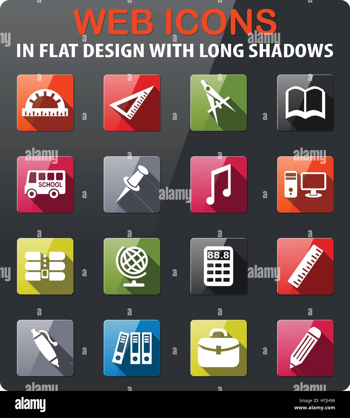 school icons set in flat design with long shadow Stock Vector