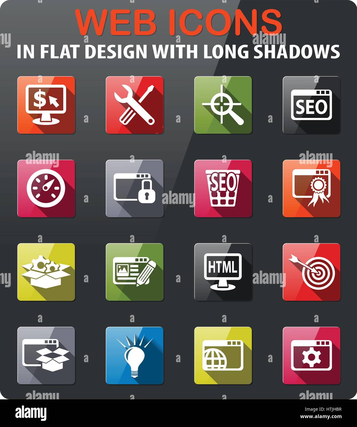 seo and development icons set in flat design with long shadow Stock ...