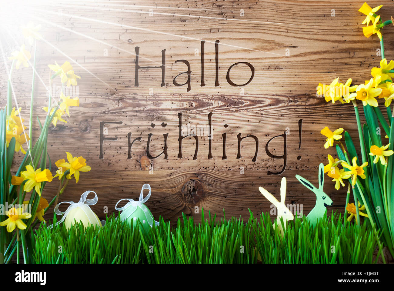 Wooden Background With German Text Hallo Fruehling Means Hello Spring. Easter Decoration Like Easter Eggs And Easter Bunny. Sunny Yellow Spring