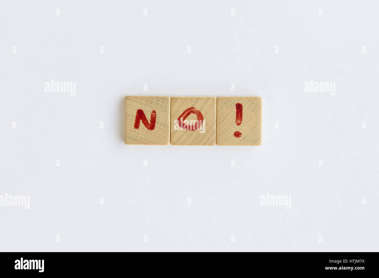 the word No  formed with letters written on squares of wood dowels Stock Photo