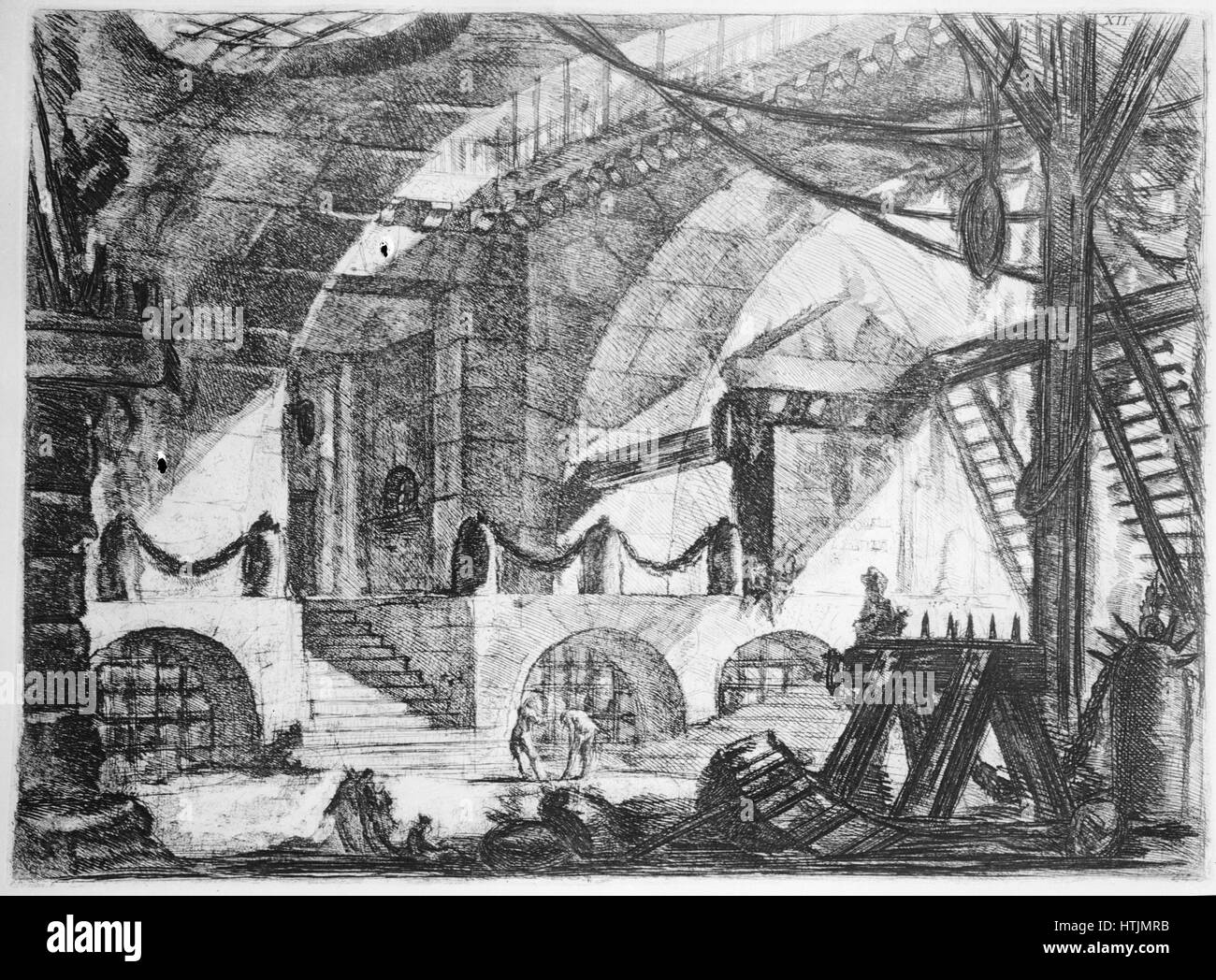 The Imaginary Prisons (Carceri d'invenzione), second version of the series of engravings by Giovanni Battista Piranesi, published in 1761. Plate XII: The Sawhorse Private collection Stock Photo