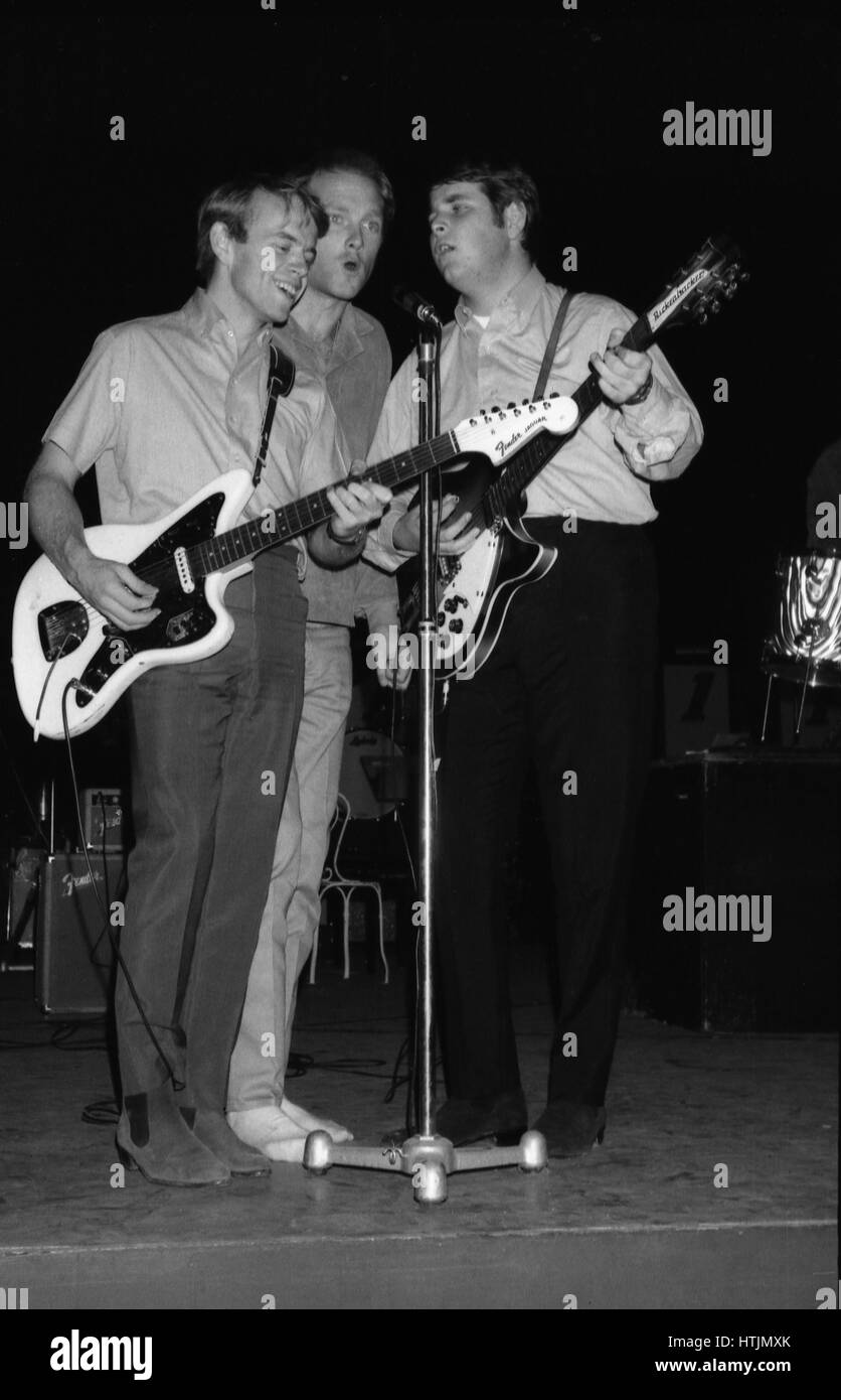 American band The Beach Boys on the stage of the Olympia Hall in Paris. 1964 From left to right: Al Jardine, Mike Love, Brian Wilson Stock Photo