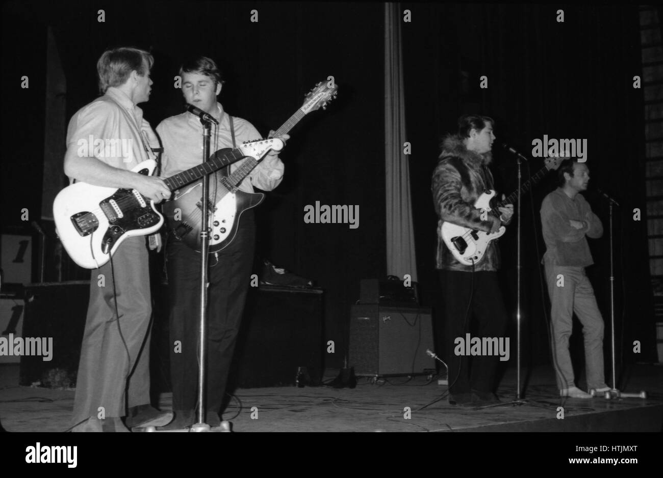 American band The Beach Boys on the stage of the Olympia Hall in Paris. 1964 From left to right: Al Jardine, Brian Wilson, Carl Wilson, Mike Love Stock Photo