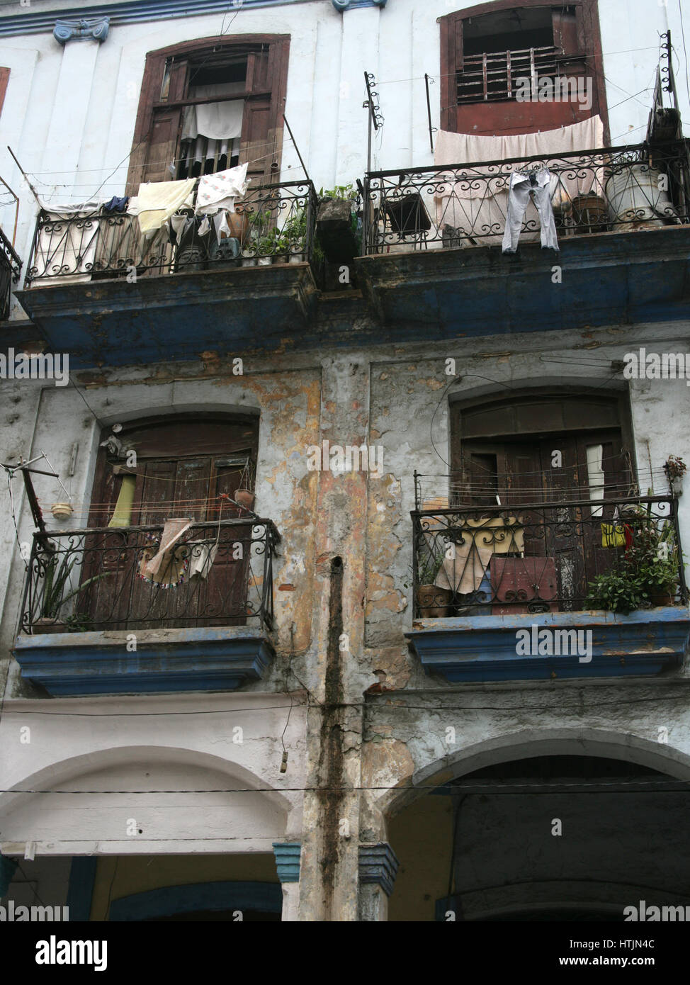 Havana architecture. Apartment blocks( La Habana), Cuba. UNESCO World Heritage Site.  Former glory of colonial architecture.Poverty. Stock Photo