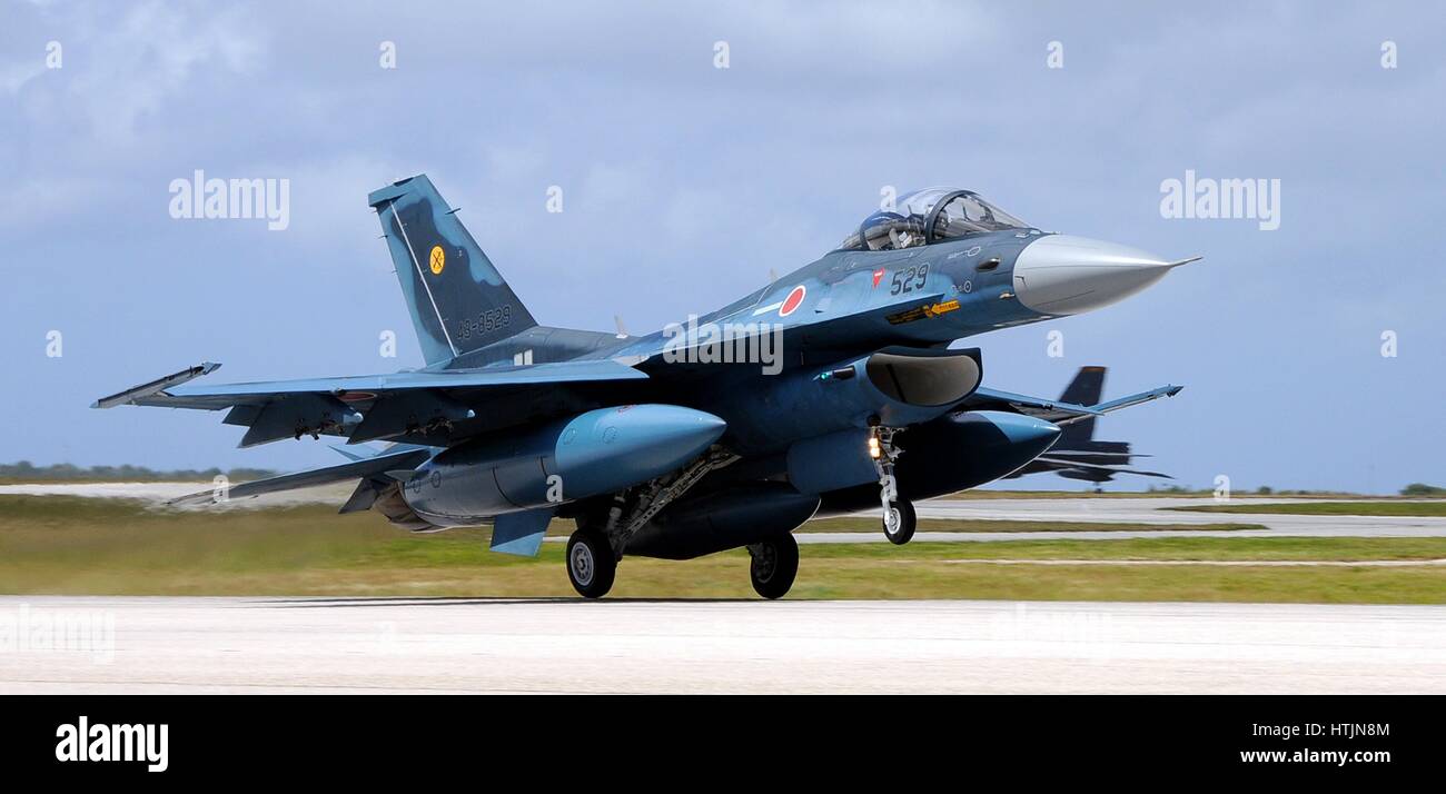 A Japanese Self-Defense Force Mitsubishi F-2 fighter jet aircraft lands at the Anderson Air Force Base to begin exercise Cope North January 30, 2009 in Yigo, Guam.        (photo by Courtney Witt /U.S. Air Force  via Planetpix) Stock Photo