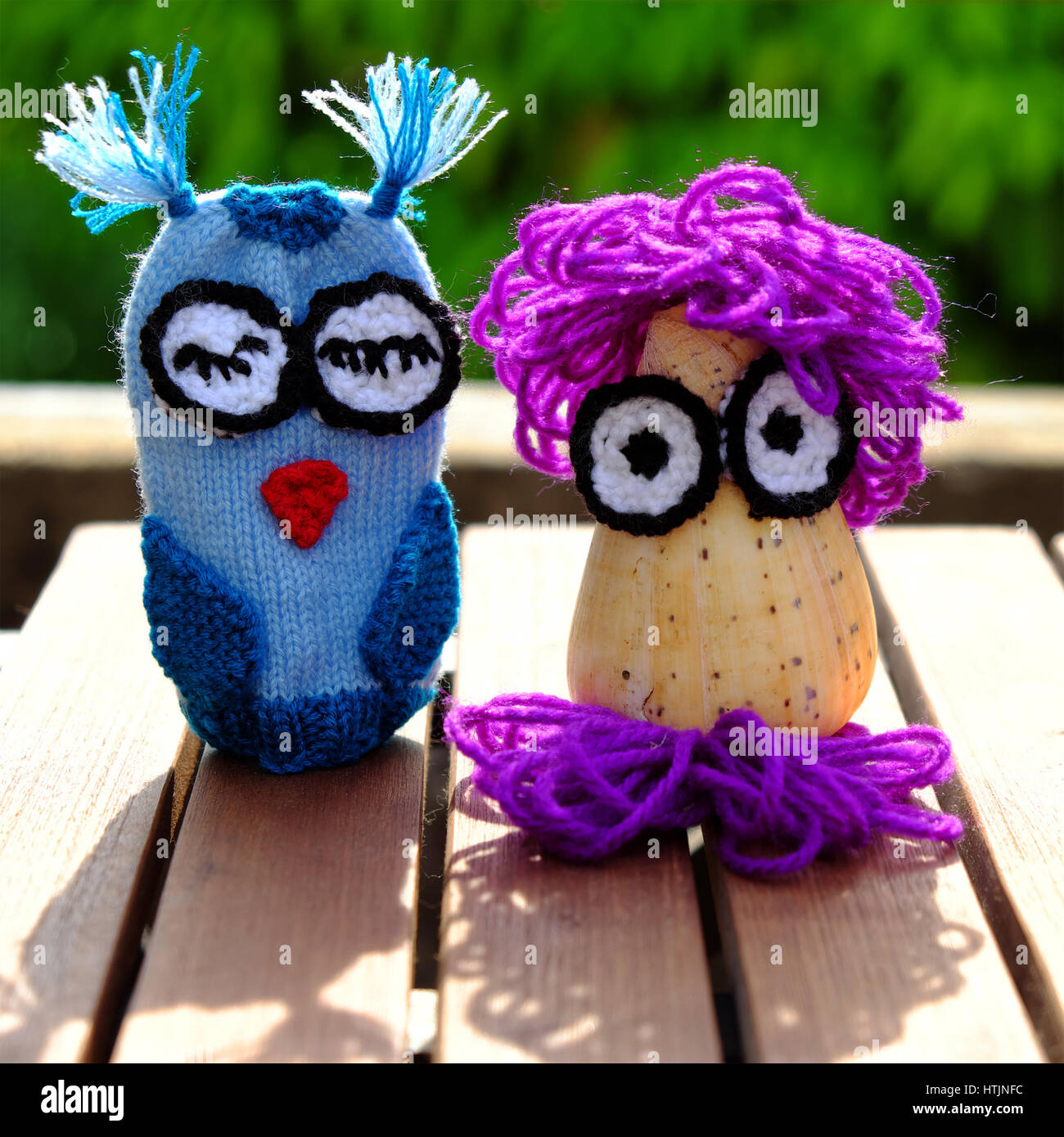 colorful owls puppet knit from yarn, owl make from conch shell, diy toy