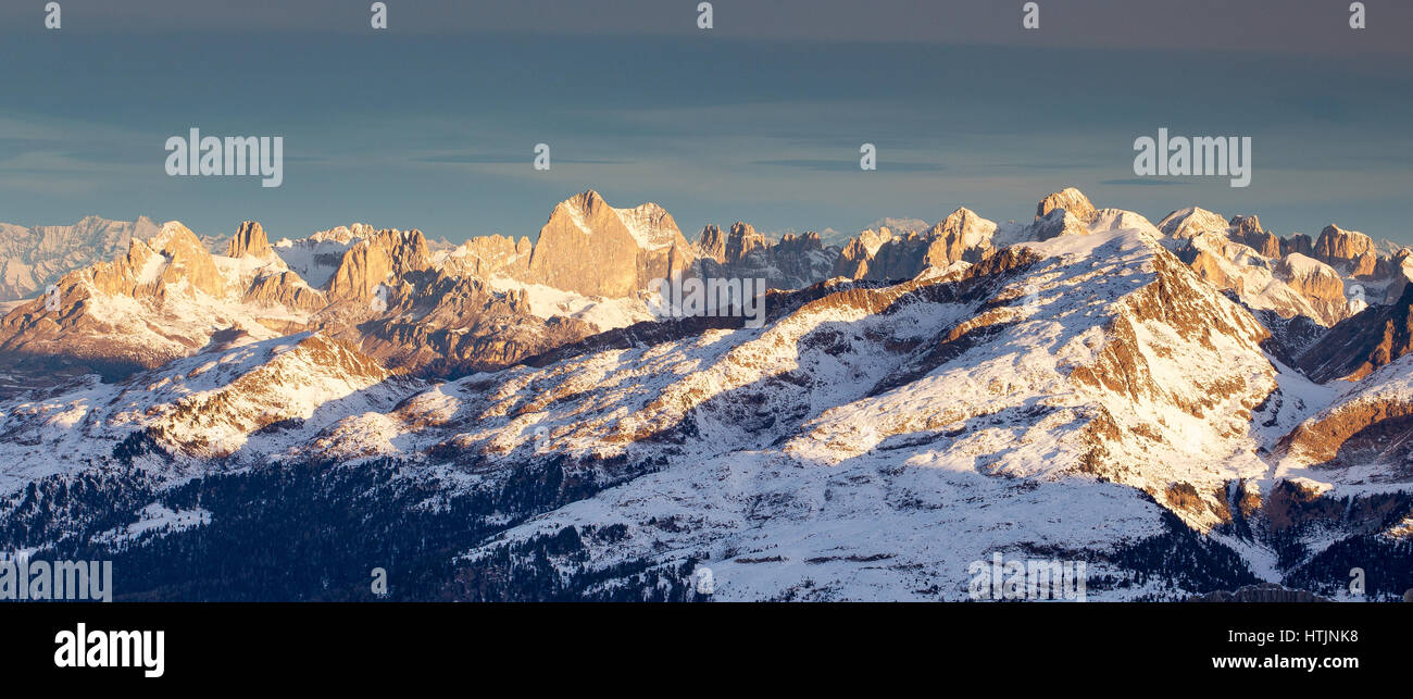 The Catinaccio mountain group and Cima Bocche peak. The Dolomites of Trentino in winter season. Italian Alps. Europe. Stock Photo