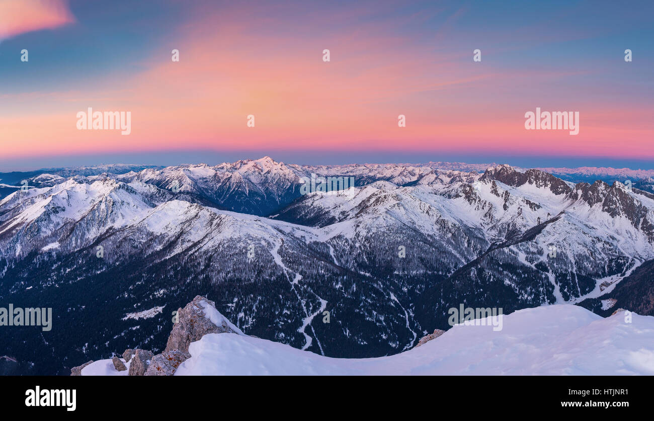 View on the Lagorai group and Cima d'Asta massif. Winter season at dawn. Trentino, Italian Alps. Europe. Stock Photo